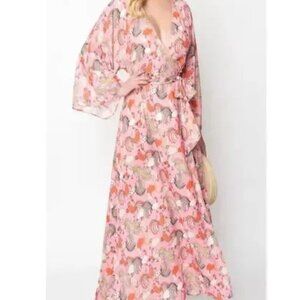 Unique Vintage Pink Rooster Print Wrap Maxi Dress size L
